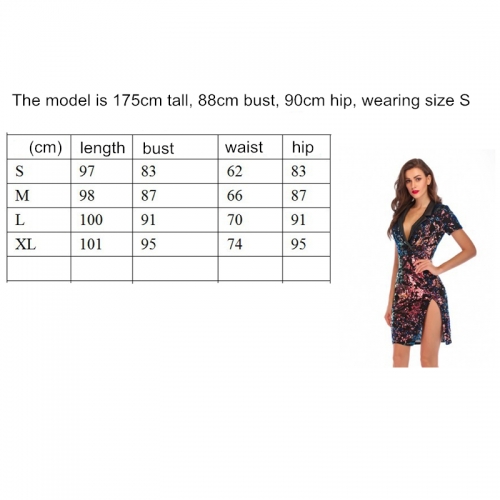 Pleated Neckline  Short Sleeve Spilt Sequin Dress K237 (4)