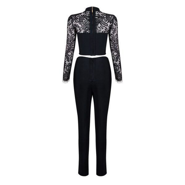 New Fashion Long Sleeve Lace Hollow Out Sexy Formal Elastic Waist Skinny Pant Suits Set KH2599 4