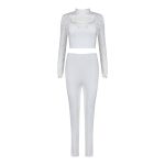 New Fashion Long Sleeve Lace Hollow Out Sexy Formal Elastic Waist Skinny Pant Suits Set KH2599 5