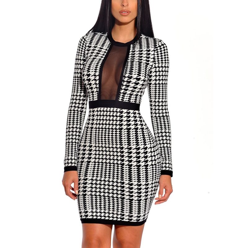 Black White Figure Mesh Hollow Bandage Dress K166 6