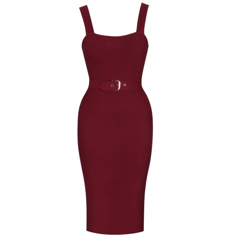 Wine Red Strap Girdling Bandage Dress K21512