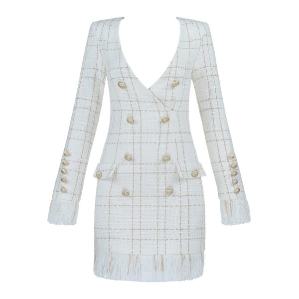 White Fringed Dress with Gold Check Blazer Dress K279 23