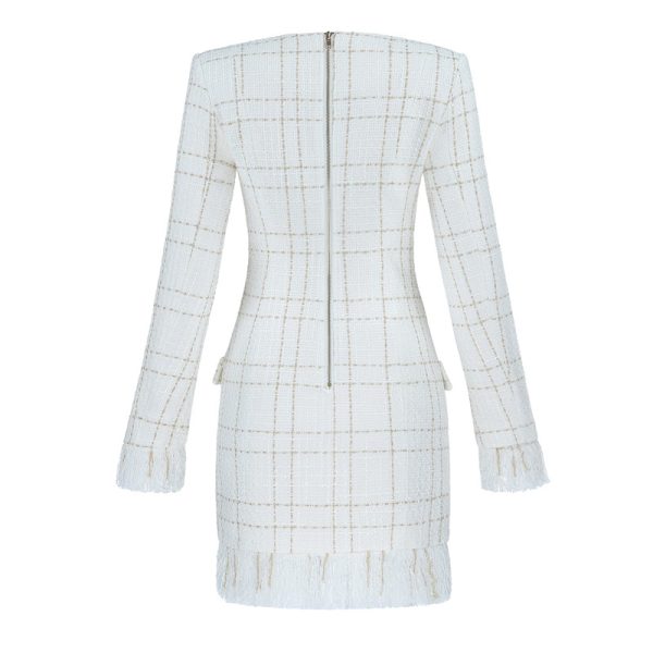 White Fringed Dress with Gold Check Blazer Dress K279 31