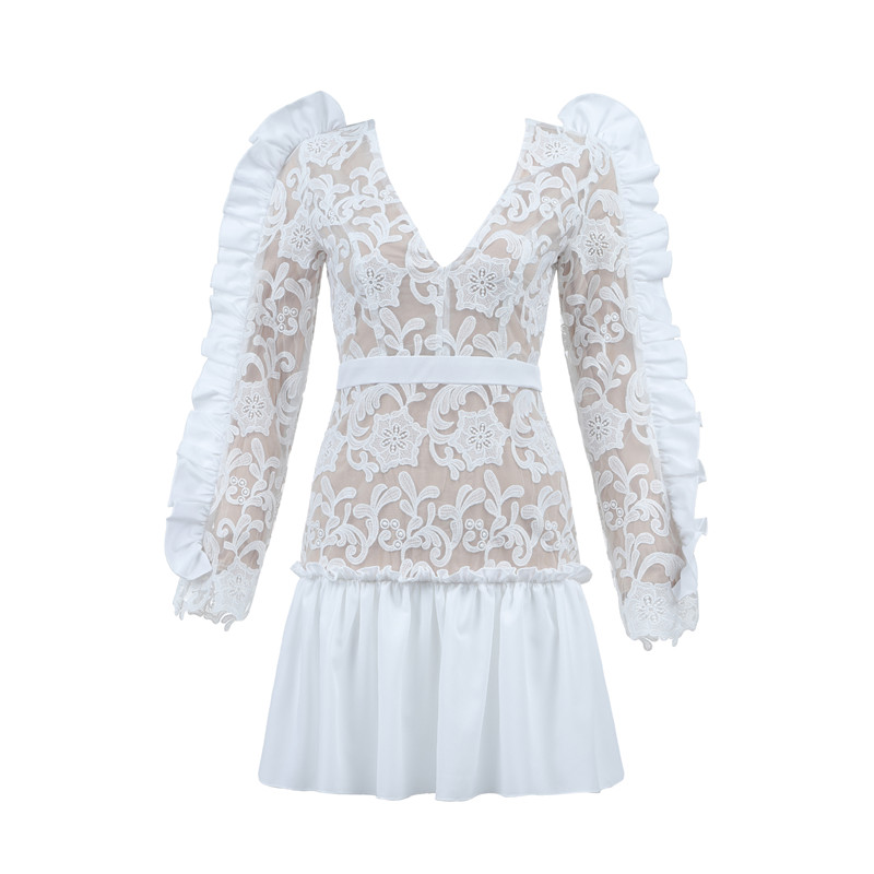 WHILE FLOWER LACE FLOUNCING BODYCON DRESS K290 34