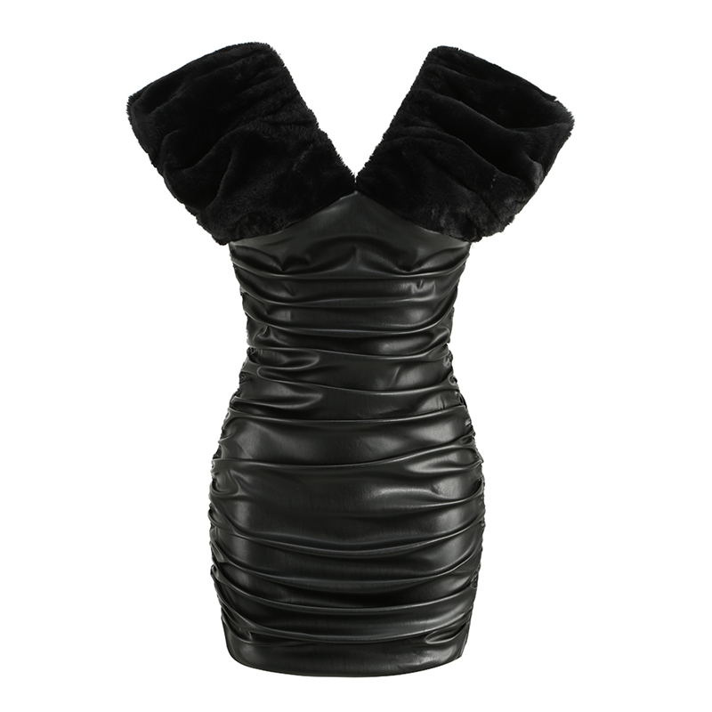 V Neck Leather Bodycon Dress B1319 23 3