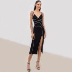 MSMUSI 2023 New Fashion Women Sexy Strap Crystal Stripe Slit Sleeveless Backless Bandage Party Club Bodycon