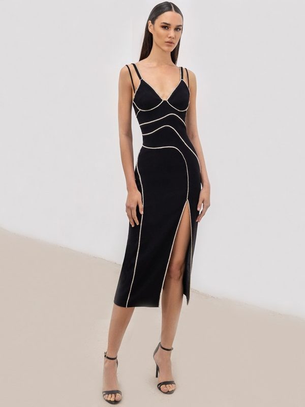 MSMUSI 2023 New Fashion Women Sexy Strap Crystal Stripe Slit Sleeveless Backless Bandage Party Club Bodycon