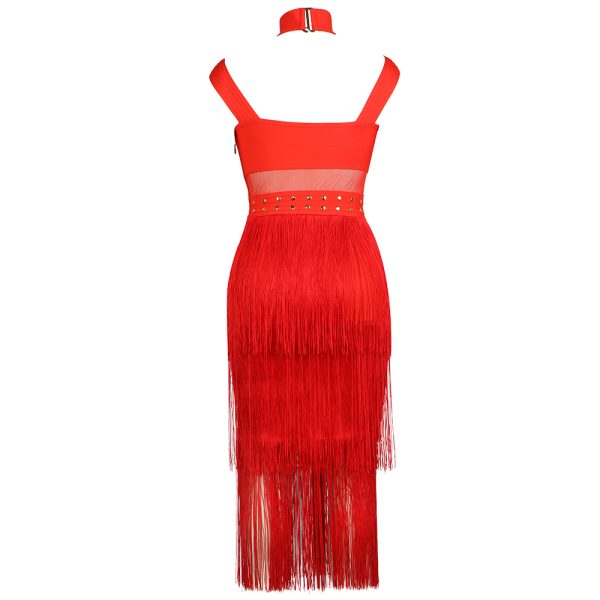 2022 New Autumn Stylw Women Sexy Off the Shoulder Bodycon Tassel Mid calf Dress Rayon Bandage 5