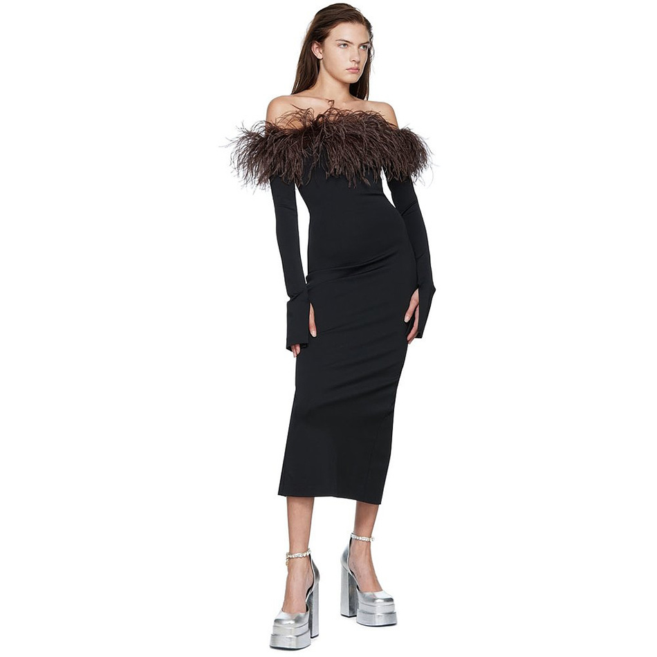 Autumn Winter Bandage Dress New Slash Neck Ostrich Feather French Retro Elegant Long Sleeve Off the 1