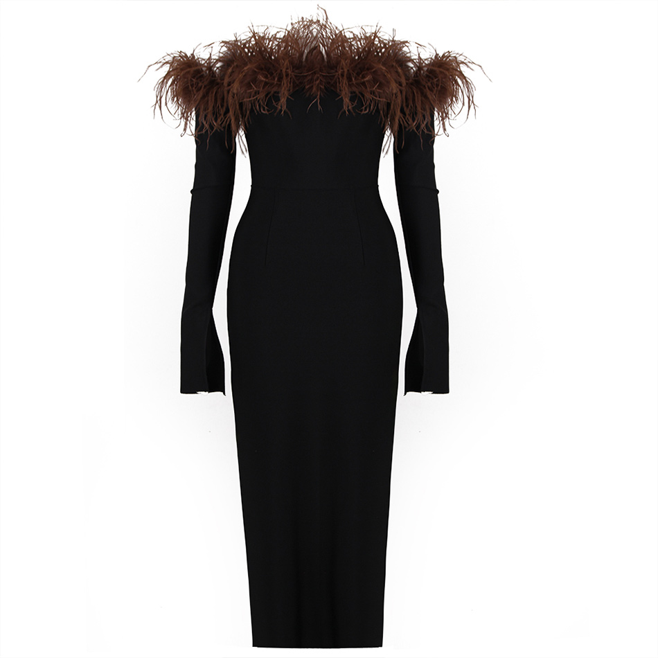 Autumn Winter Bandage Dress New Slash Neck Ostrich Feather French Retro Elegant Long Sleeve Off the 3