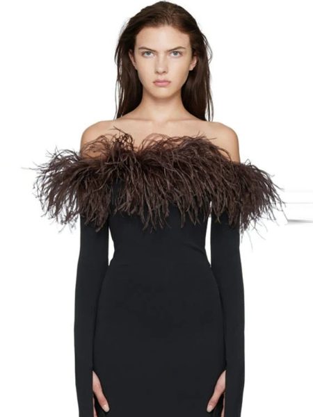 Autumn Winter Bandage Dress New Slash Neck Ostrich Feather French Retro Elegant Long Sleeve Off the