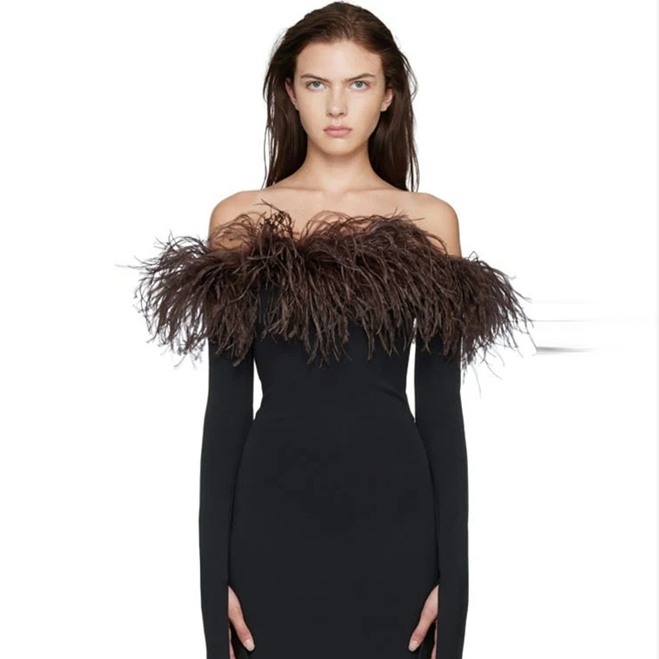 Autumn Winter Bandage Dress New Slash Neck Ostrich Feather French Retro Elegant Long Sleeve Off the