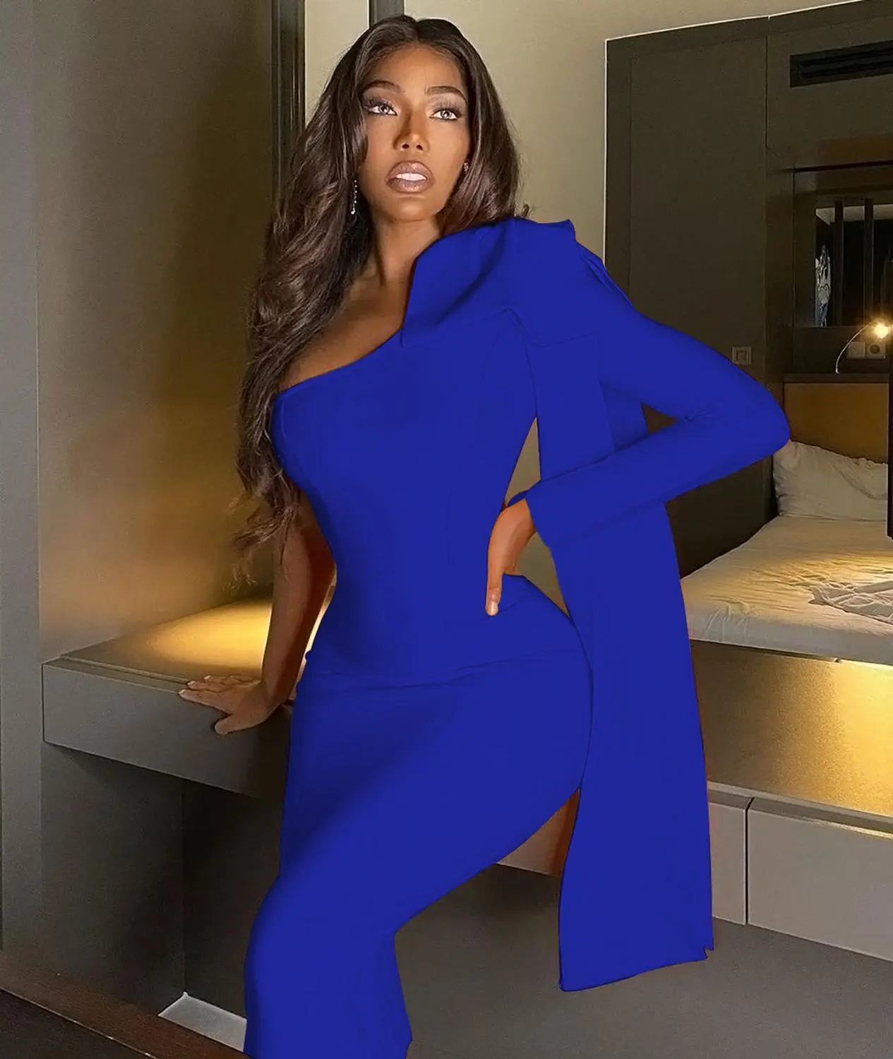 High-Quality-Blue-Orange-Runway-Bownot-One-Shoulder-Long-Sleeve-Rayon-Bandage-Dress-Cocktail-Party-Bodycon-2