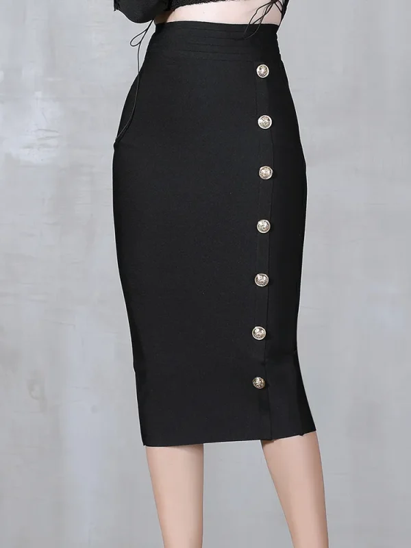 2022-Summer-Elegant-Midi-Pencil-Skirt-High-Waist-Bandgae-Skirt-Black-Elastic-Bandage-Skirts-Button-Women