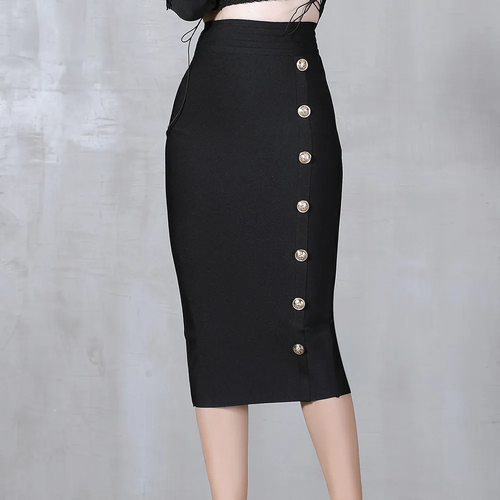 2022-Summer-Elegant-Midi-Pencil-Skirt-High-Waist-Bandgae-Skirt-Black-Elastic-Bandage-Skirts-Button-Women