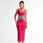 Black-Rosered-Color-Women-Sleeveless-Sexy-Square-Collar-Shinnign-Diamond-Bodycon-Bandage-Mid-calf-Dress-Evening