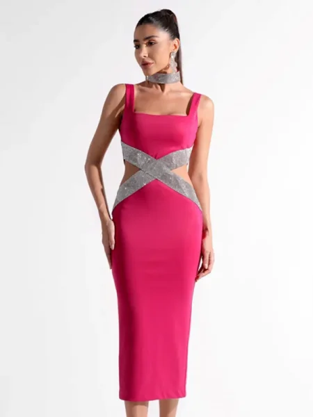 Black-Rosered-Color-Women-Sleeveless-Sexy-Square-Collar-Shinnign-Diamond-Bodycon-Bandage-Mid-calf-Dress-Evening