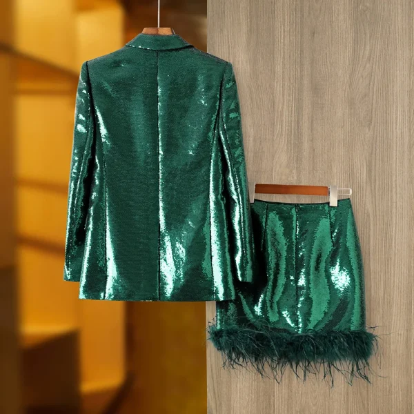 Evening-Party-Designs-Eye-catching-Shing-Sequins-Women-2PCS-Blazer-Suits-Dark-Green-Ostrich-Feather-Patchwork-1