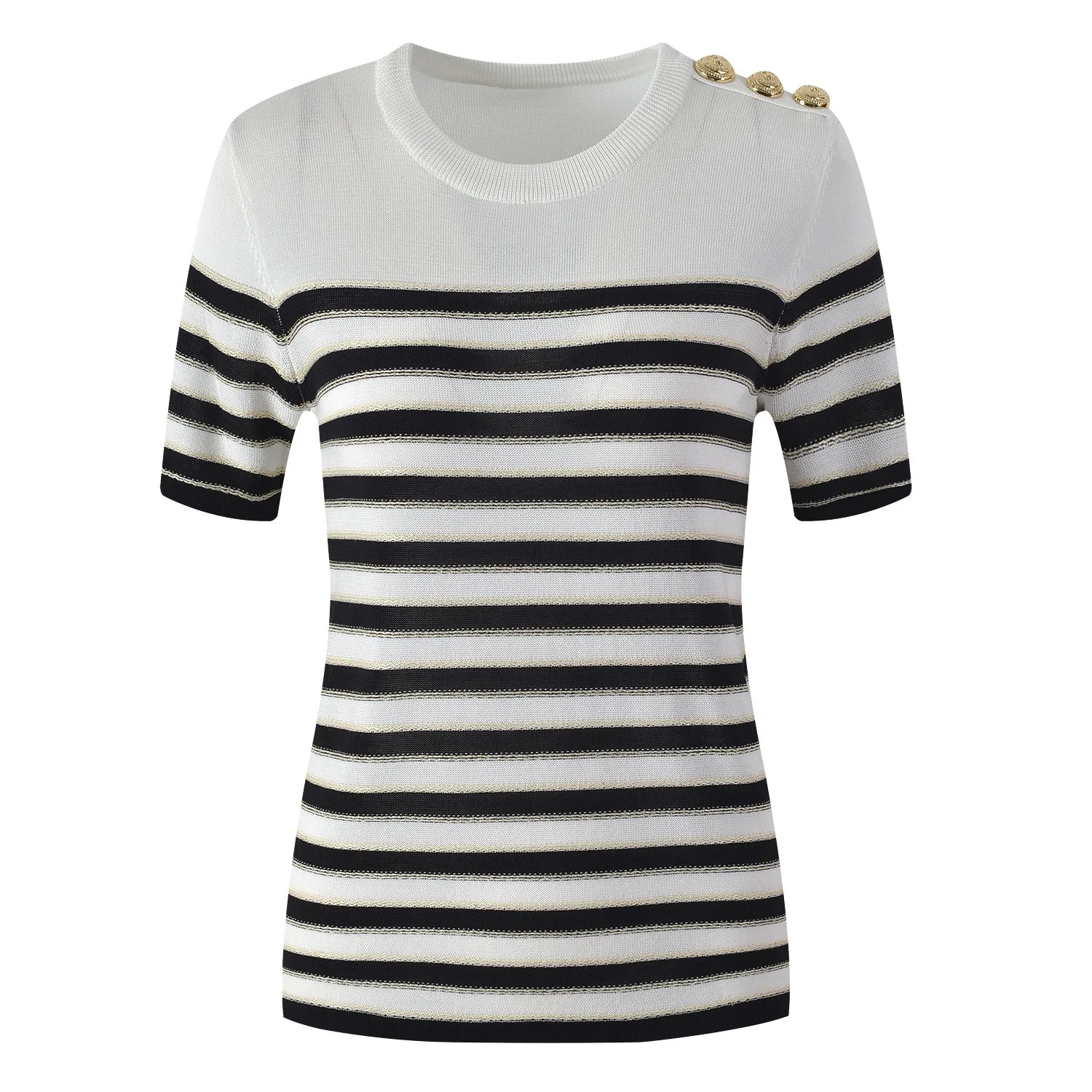 French-Stylish-O-neck-Casual-Short-Sleeve-Striped-Gold-Thread-Knitted-Sweater-Skinny-2PCS-Skirt-Sets-1