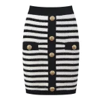 French-Stylish-O-neck-Casual-Short-Sleeve-Striped-Gold-Thread-Knitted-Sweater-Skinny-2PCS-Skirt-Sets-2