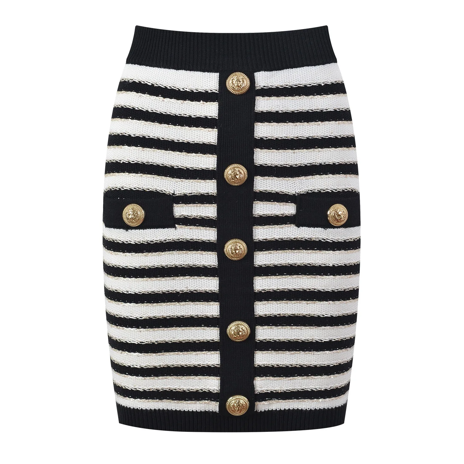 French-Stylish-O-neck-Casual-Short-Sleeve-Striped-Gold-Thread-Knitted-Sweater-Skinny-2PCS-Skirt-Sets-2