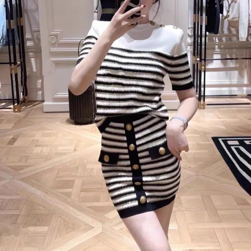 French-Stylish-O-neck-Casual-Short-Sleeve-Striped-Gold-Thread-Knitted-Sweater-Skinny-2PCS-Skirt-Sets