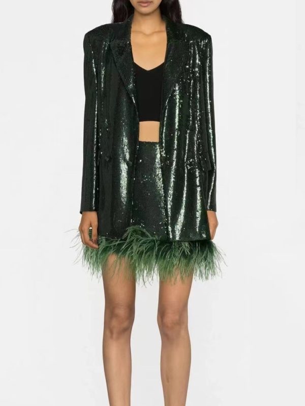 Green Feather Sequins Skirt Sets