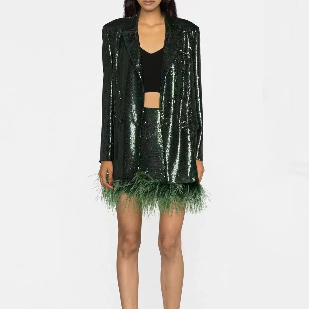 Green Feather Sequins Skirt Sets