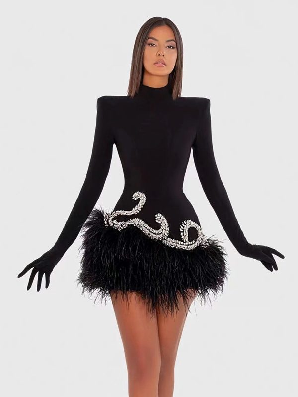 Luxury Crystal Design Velvet Mini Feather Dress (13)