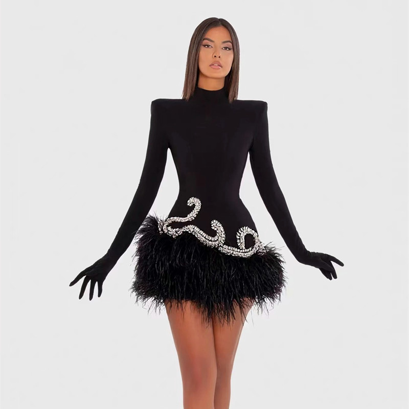 Luxury Crystal Design Velvet Mini Feather Dress (13)
