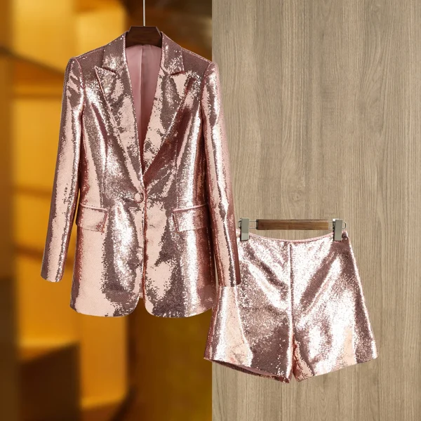 Brand-New-Unique-Party-Style-Bling-Sequins-Cloth-Suit-Single-Button-Blazer-Shorts-Fushcia-Color-Lady-4