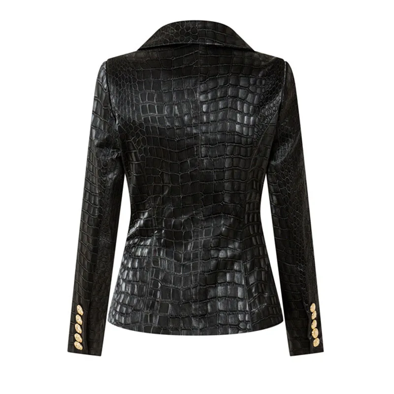 Unique-Designing-Animal-Crocodile-Pattern-Leather-Black-Blazer-for-Women-Double-Breasted-Buttons-Luxurious-PU-Street