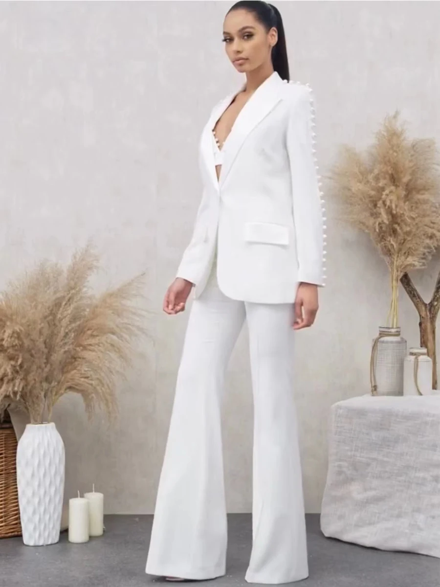 Unique-Stunning-Runway-Design-Pearl-Beaded-White-Blazer-Suit-2Pcs-Flare-Pants-Sets-Women-Fashion-Clothing-2