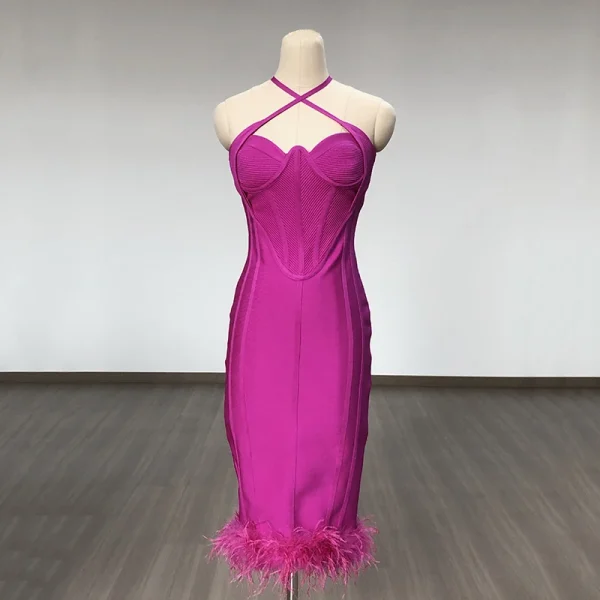 Purple-Color-Women-Sexy-Halter-Off-the-Shoulder-Bodycon-Midi-Bandage-Feathers-Dress-Celebrate-Nightclub-Party