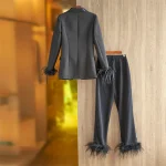 England-Style-Luxury-Design-Black-Ostrich-Feather-Patchwork-Street-Women-Pants-Sets-Quality-Suits