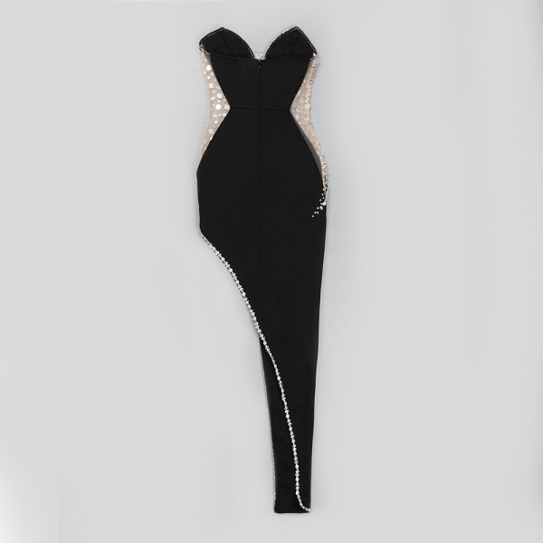 Celebrity Black Strapless Crystal Long Evening Party Dress (2)