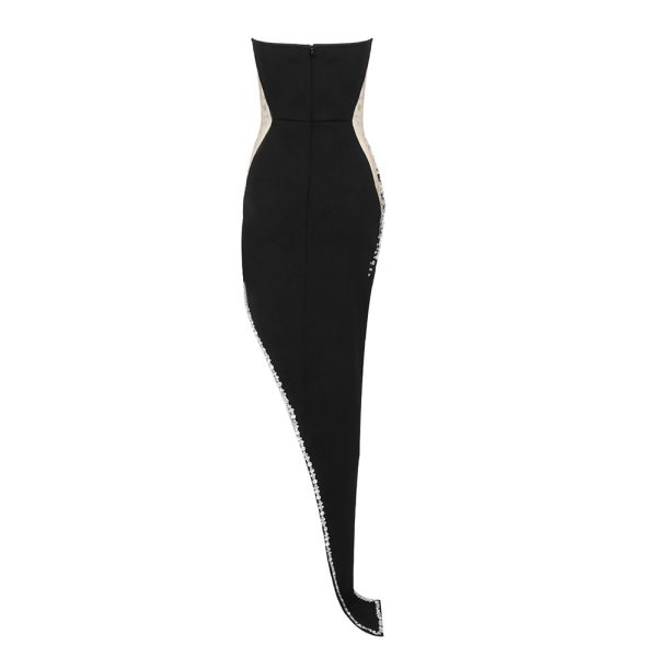 Celebrity Black Strapless Crystal Long Evening Party Dress (4)