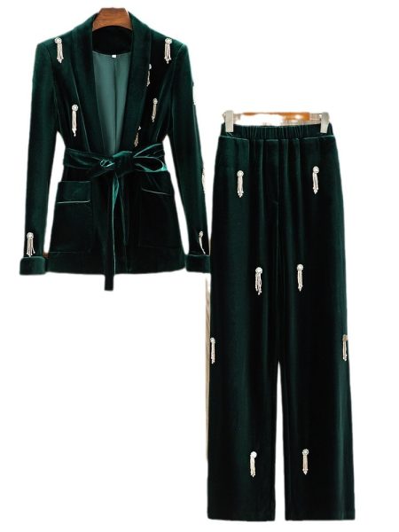 Dark Green Velvet 2Pcs Pants Suits