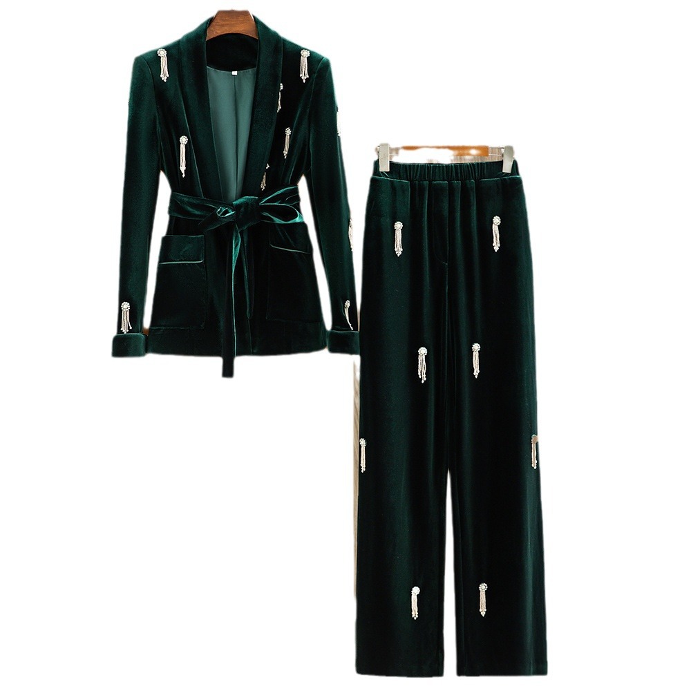 Dark Green Velvet 2Pcs Pants Suits
