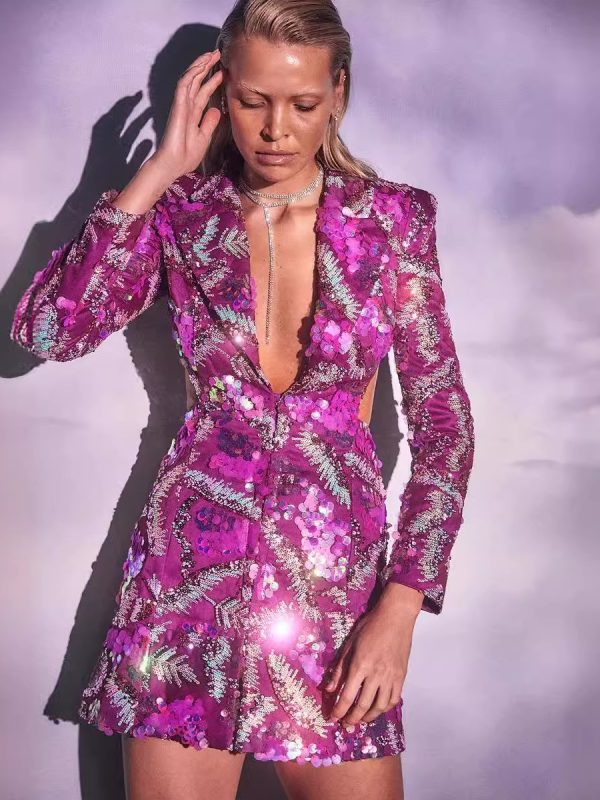 Hot Pink Sequins Blazer V Neck Mini Gowns Dress