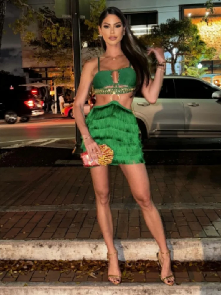 2024-New-Arrival-Green-Color-Women-Sleeveless-Sexy-Strap-Tassels-Bodycon-Mini-Bandage-Dress-Hollow-Out-1