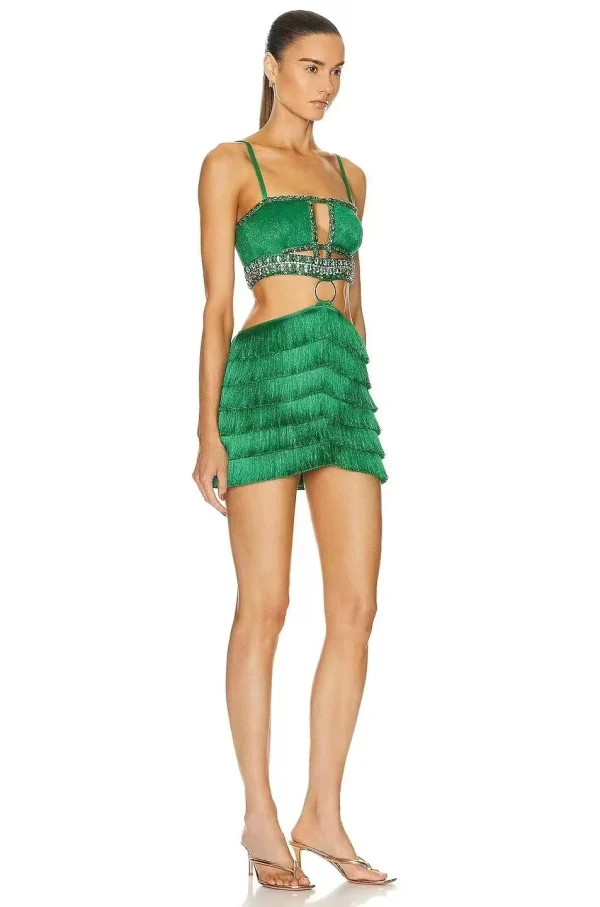 2024-New-Arrival-Green-Color-Women-Sleeveless-Sexy-Strap-Tassels-Bodycon-Mini-Bandage-Dress-Hollow-Out-3