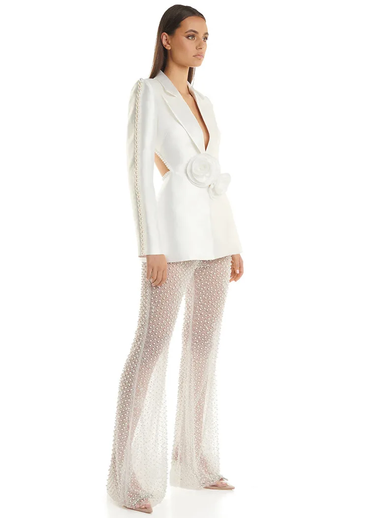 2024-Spring-Lady-Fine-Workmanship-Beading-Solid-Suit-Long-Sleeve-Hollow-Out-Waist-Blazer-See-through