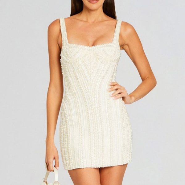 Pearl Studded White Mini Bodycon Dress