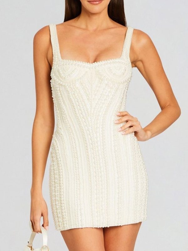 Pearl Studded White Mini Bodycon Dress