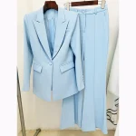 Sky-Blue-One-Button-Solid-Blazer-Flared-Trousers-Women-Set-Elegant-Office-Lady-Coat-Pants-Suit