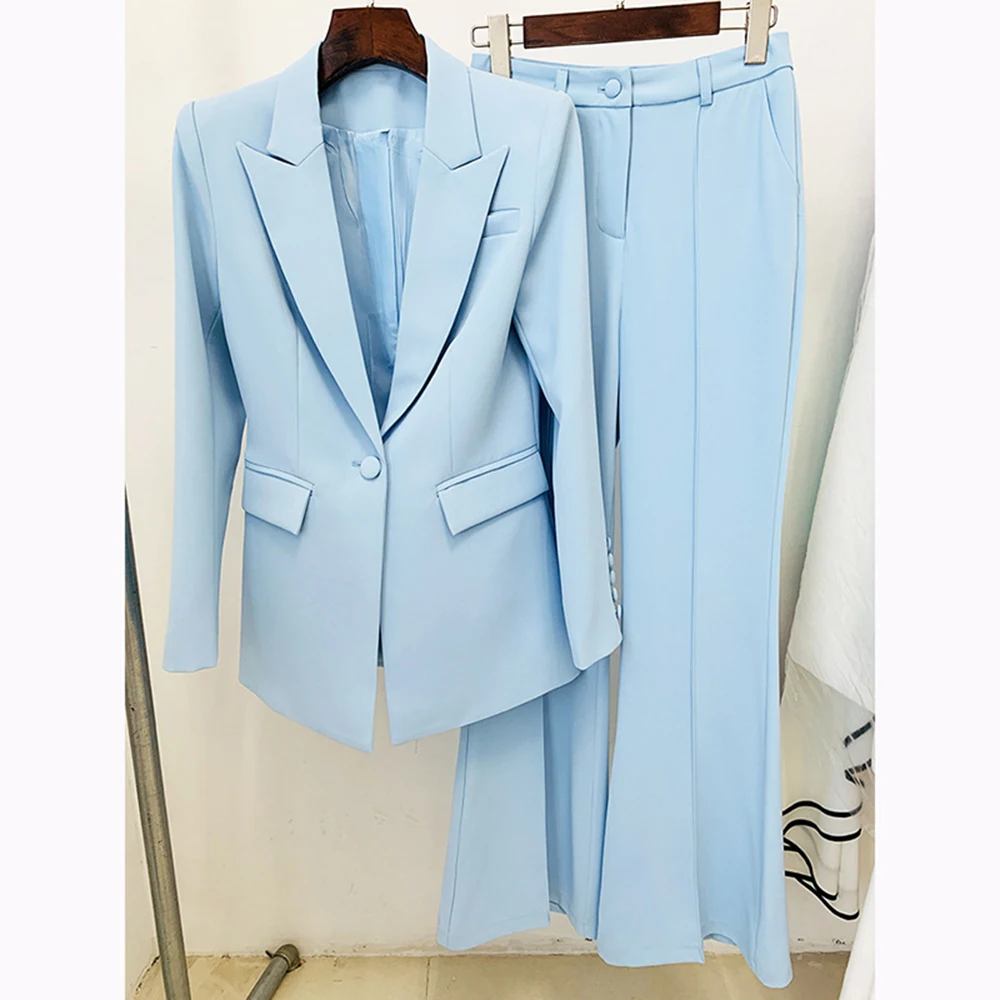 Sky-Blue-One-Button-Solid-Blazer-Flared-Trousers-Women-Set-Elegant-Office-Lady-Coat-Pants-Suit