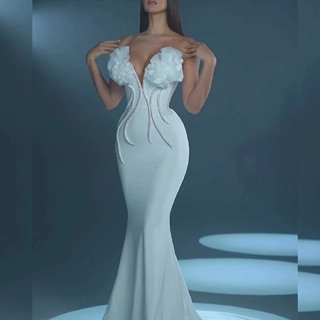 White Strapless Big Flowers Fashion Bandage Dress (3)