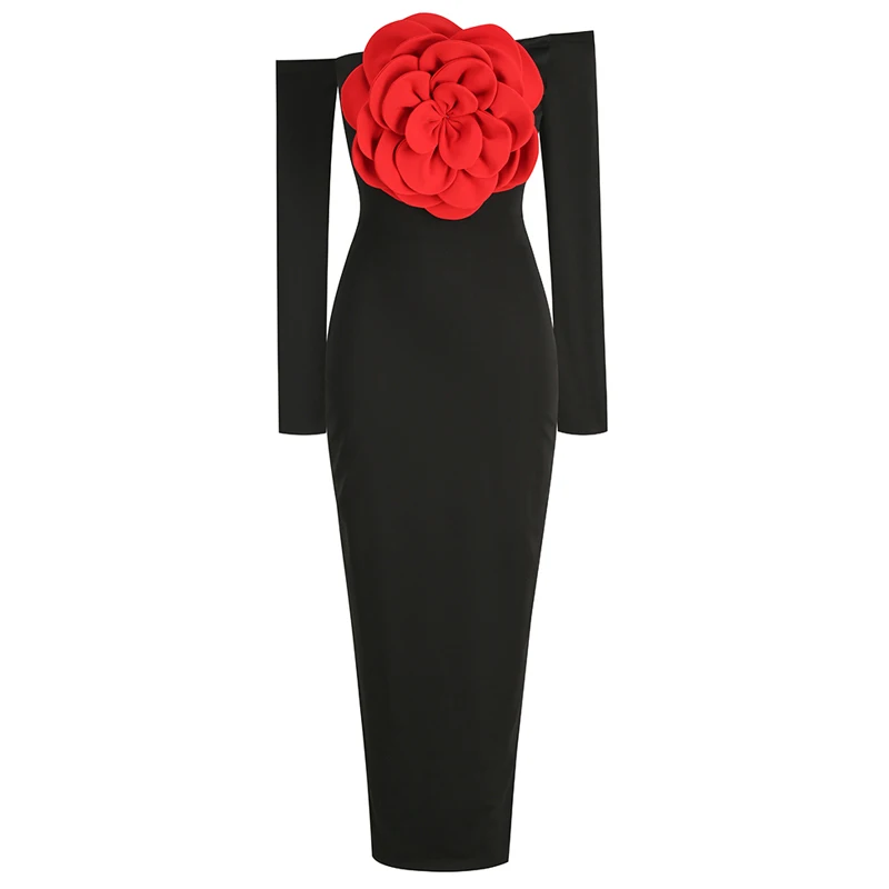 Women-s-New-Sexy-Black-Decorative-FlowerBreast-wrapping-Dress-Fashion-Slim-Fit-Open-Back-Bottom-Split-1