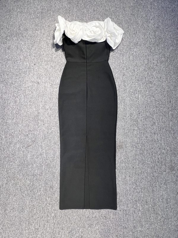 Celebrity Flower Black Maxi Long Bandage Dress (1)